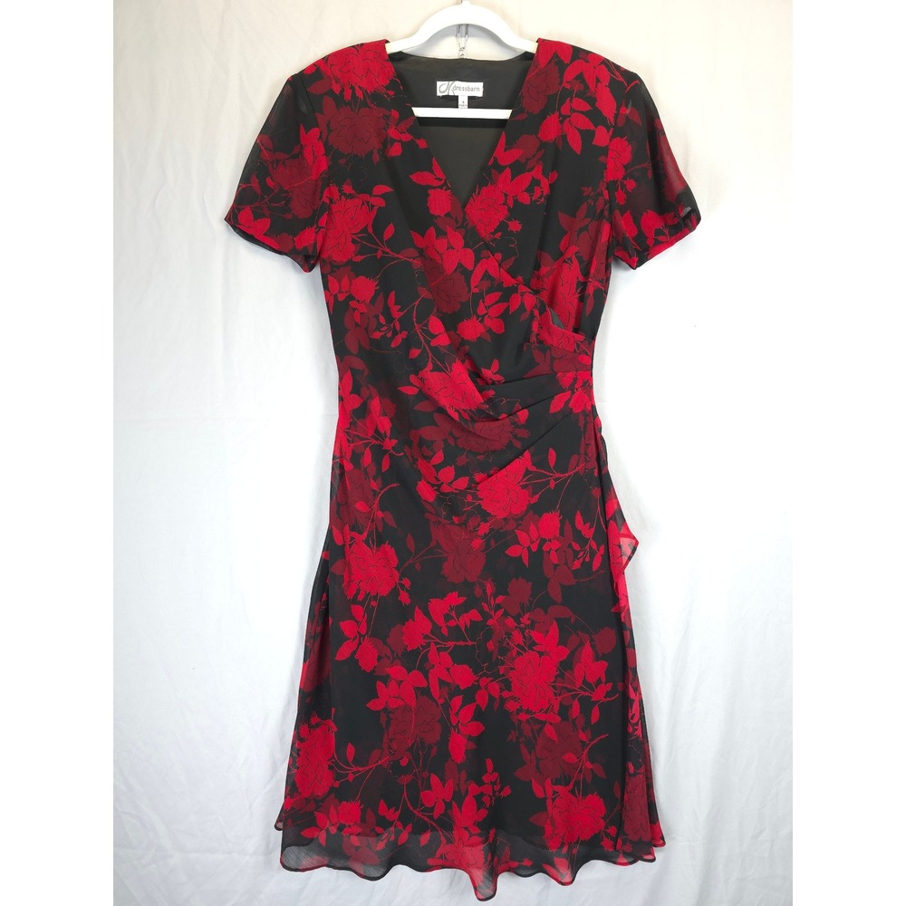 Dressbarn Red Black Floral Faux Wrap Dress Women 10 Chiffon Drape Side Romantic